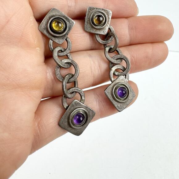 Vintage SCB Earrings 925 Sterling Silver Real Amethyst Purple Yellow Stone Chain - Picture 2 of 13